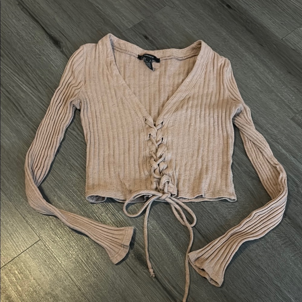 Forever 21 Tan Ribbed Tie Front Crop Blouse